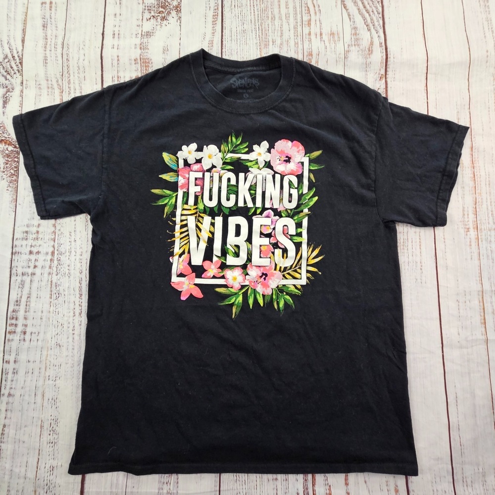 F'ing Vibes Flowers Spencer's Funny Black Short Sleeve Cotton T-Shirt Men's L